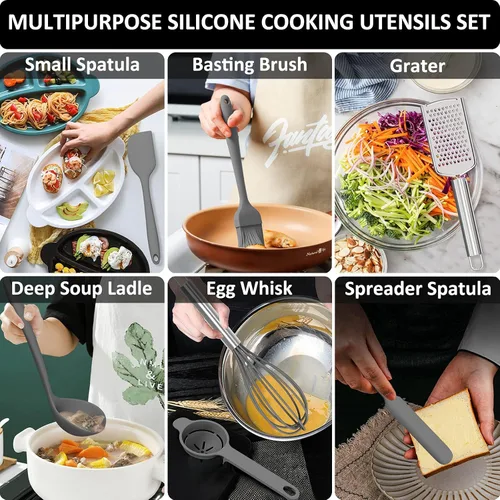 Miniatura 5 de Deedro - Juego de utensilios de cocina de silicona, 16 piezas de utensilios de cocina de silicona, resistentes al calor, con soporte, espátula Gris