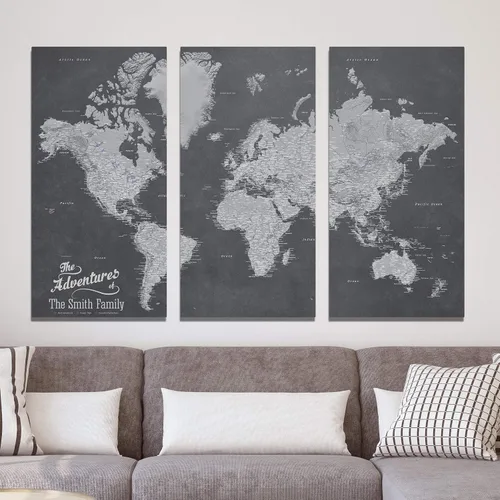 Miniatura 12 de 3 paneles - Mapa de viaje colorido del mundo con alfileres en lienzo envuelto en galería, mapa de pared grande