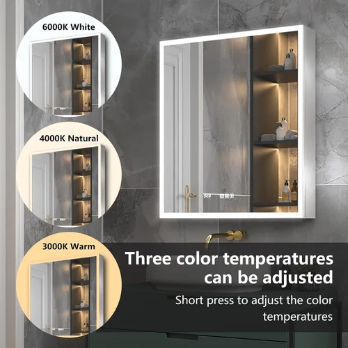 Miniatura 4 de ExBrite Botiquín iluminado de 28 x 32 pulgadas, armario con espejo LED empotrado/superficie con reloj y pantalla de temperatura, desempañamiento