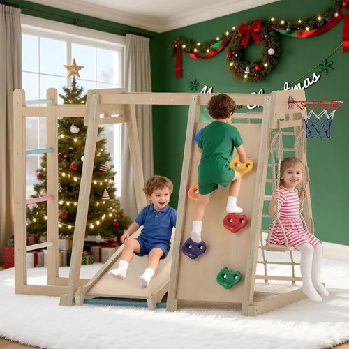 Miniatura 9 de OLAKIDS Gimnasio de la selva para interiores, juguetes Montessori de madera para escalada para bebés 9 en 1 con rampa ajustable de 2 columpios, red