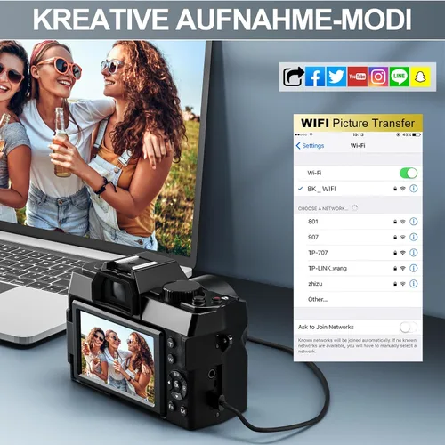 Miniatura 5 de Cámaras digitales 8K para fotografía, cámara de vlogging de 64MP con pantalla abatible de 180°, 2 baterías, tarjeta TF de 64 GB, zoom de 16X, WiFi