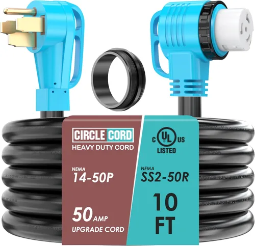 CircleCord Listado por UL Cable de RV/Generador de 50 Amperios y 10 Pies con Conector de Bloqueo, Cable STW de Calibre 6/3+8/1 de Servicio Pesado,