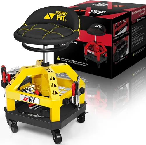 Miniatura 10 de Rolling Shop Taburete para garaje con ruedas, DO02 - Asiento giratorio de 360° de altura ajustable con almacenamiento de bandeja de herramientas