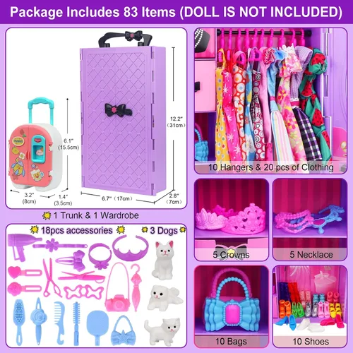 Miniatura 2 de K.T. Fancy 83 piezas de muñecas y accesorios con armario morado para muñeca de 29.2 cm, set de vestuario que incluye armario, zapatos, billetera
