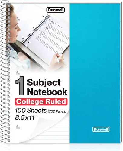 Cuaderno de 1 asignatura Dunwell con rayas universitarias, (Azul) 100 hojas (200 páginas), papel perforado, 3 agujeros perforados, cuaderno espiral
