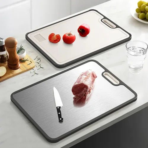 Miniatura 2 de LOZOVIN Tabla de cortar de paja de titanio y trigo GR1 de doble cara, tabla de cortar de 15 x 10 pulgadas para cocina, tabla de cortar no tóxica Gris