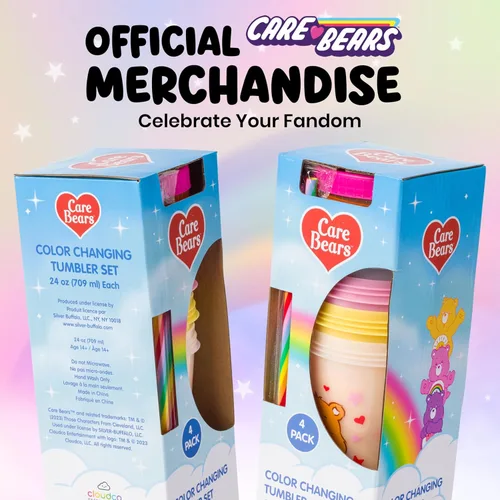 Miniatura 6 de Silver Buffalo Care Bears Corazones y Estrellas Juego de 4 Vasos de Plástico Cambian de Color con Popotes de Espiral Arcoíris con Tenderheart