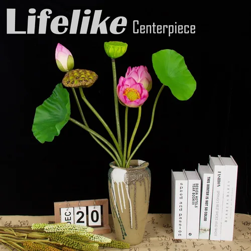 Miniatura 4 de Flores de loto artificiales, de 24 a 31 pulgadas, 7 tallos de plantas de loto, incluyendo flor de loto, brotes de loto, vainas de loto, hojas