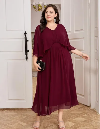 Miniatura 7 de Hanna Nikole Vestido de fiesta de noche de gasa con cuello en V para mujer, talla grande, manga capa, maxi vestidos para invitados de boda