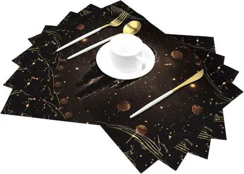 Miniatura 6 de 6 PCS PVC Placemats Set Place Mats Black Gold Space Non-Slip Weave Place Mats 12" x 18" Farmhouse Table Mat Set for Family Dinners Wedding Parties