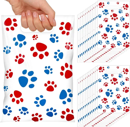 Miniatura 11 de Pasimy 100 bolsas de regalo de pata de perro a granel, diseño de pata de mascota, bolsas de plástico con asa para decoración de fiesta de cumpleaños