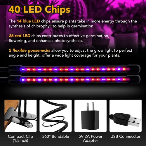 Miniatura 5 de iPower - Lámpara LED de crecimiento con espectro completo para plantas de interior, cuello de cisne ajustable, 2/3 modos de luz y 5/10 niveles rojo