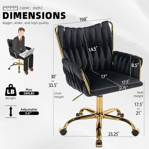 Miniatura 3 de Westice Silla de escritorio de terciopelo, cómoda silla dorada para oficina en casa con respaldo alto tejido a mano, silla giratoria de altura Negro