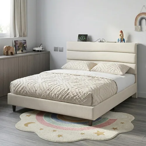 EnHomee Marco de cama tamaño twin, Marco de cama twin tapizado con estaciones de carga, Cabecero con almacenamiento ajustable, Dormitorio,