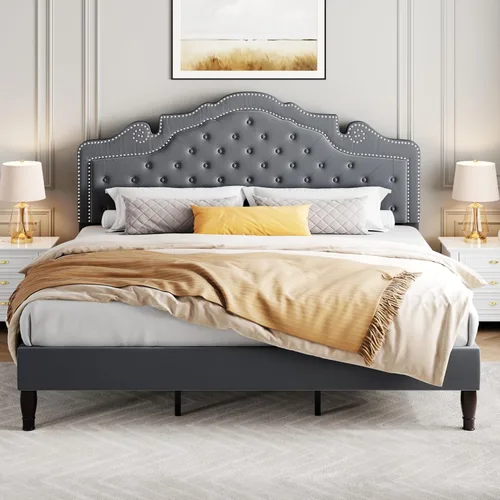 Miniatura 12 de SHA CERLIN Marco de cama tamaño completo con cabecera ajustable/Tapizado de terciopelo/Capitoné con botones de diamante y tachuelas de metal/No