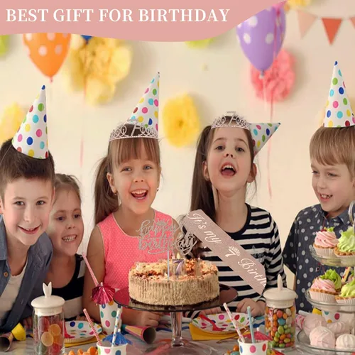 Miniatura 2 de Decoraciones de 7º cumpleaños para niña con banda y tiara, vela numérica y adorno para pastel, suministros de fiesta de oro rosa para niñas de 7 años