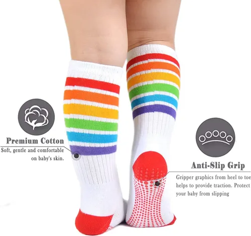 Miniatura 31 de EPEIUS Calcetines altos hasta la rodilla con rayas de arco iris para bebé, calcetines de tubo antideslizantes para uniforme de fútbol para niños