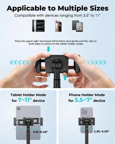 Miniatura 6 de Viozon Soporte de suelo para tableta, soporte ajustable en altura y ángulo para tablet con tubo de brazo de aleación de aluminio, rotación de 360°