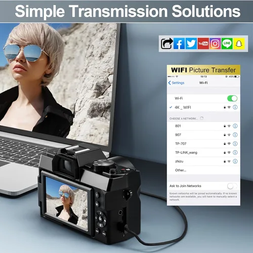 Miniatura 5 de Cámaras digitales 4K para fotografía Cámara de video de 48MP/60FPS para YouTube con pantalla abatible de 3 pulgadas, WiFi de 180°, cámaras de zoom