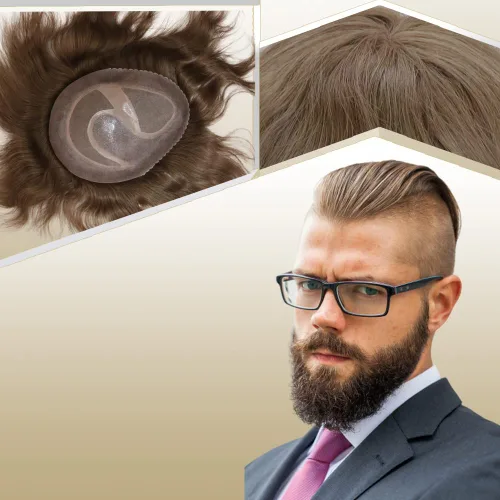 Miniatura 22 de Toupee para hombres sistemas de reemplazo de cabello humano real europeo para hombres, postizos finos, centro de encaje, piel más gruesa, pieza