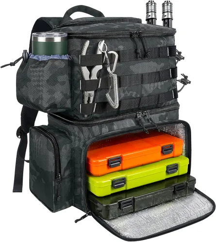 MATEIN Mochila para Pesca, Bolsa de Equipo de Pesca Resistente al Agua con Soportes para Caña de Pescar y Enfriador, Regalos de Equipo para Hombres