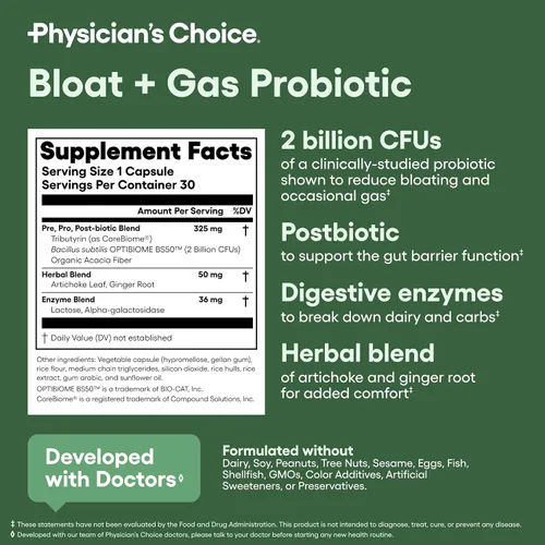 Miniatura 6 de Physician's CHOICE Probiótico para Hinchazón y Gases 5 en 1 Apoyo Proactivo + Alivio Diario - Digestión y Salud Intestinal - Hierbas, Enzimas