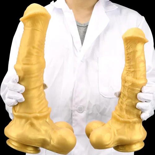 Consolador gigante dorado de silicona realista, consolador anal de pene falso de animales, tapón anal para el punto G, vagina, estimulación