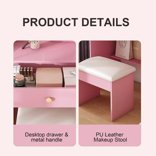 Miniatura 7 de Escritorio pequeño con espejo y luces, juego de tocador de maquillaje rosa con 2 cajones y taburete, tocador de maquillaje compacto para dormitorio