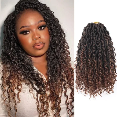 Miniatura 27 de Cabello de Crochet de 8 Pulgadas para Mujeres Negras, 7 Paquetes de Cabello de Crochet Goddess Locs con Puntas Rizadas, Locs Falsos Cortos con Bucle