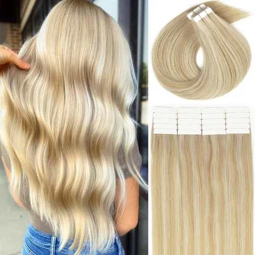 Miniatura 32 de Lacer Extensiones de cabello humano con cinta, cabello humano castaño mezclado con marrón oscuro con raíces de color marrón oscuro, invisible