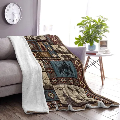 Miniatura 6 de Manta Azteca Otoñal Rústica del Suroeste Americano Nativo - Navajo, Mexicana, India, Diseño de Oso y Ciervo - Decoración de Granja para Sofá, Cama