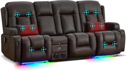 Miniatura 10 de URRED Sofá reclinable eléctrico con masaje y calor, sofá biplaza reclinable de pared con consola, sofá de casa rodante, asiento de cine en casa