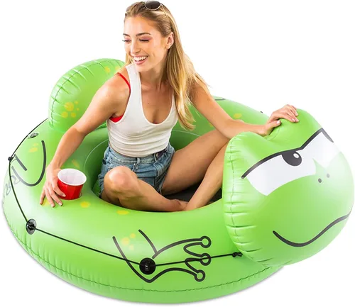 Miniatura 5 de BigMouth Inc Tubo grande de rana con asiento de malla, balsa de vinilo resistente para deriva de vías fluviales, portavasos integrado y cuerda