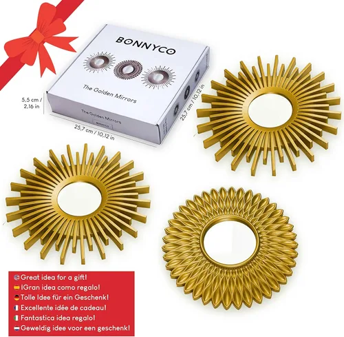 Miniatura 7 de BONNYCO Espejos dorados para pared, paquete de 3, espejos redondos de pared para dormitorio y decoración del hogar. Espejos decorativos de sala