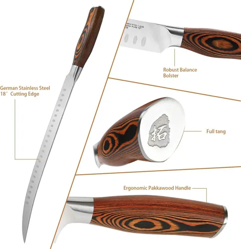 Miniatura 4 de TUO Cuchillo de carnicero – Cuchillos de carnicero de 12 pulgadas con borde de Granton curvado para cortar carne y verduras – Mango de madera