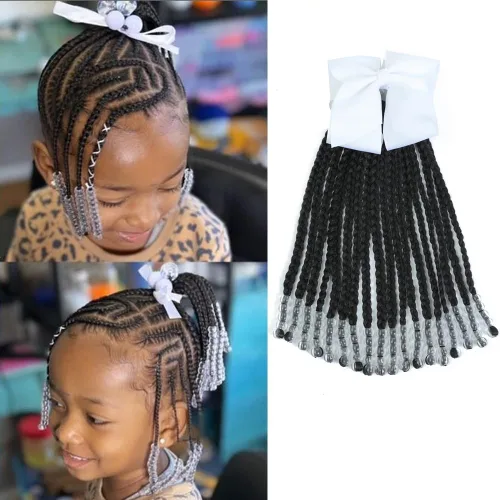 Miniatura 16 de Kid's Summer Paquete de 2 extensiones de cola de caballo para niños con cuentas, trenzas de caja, extensiones de cabello sintético para bebés, Rosa