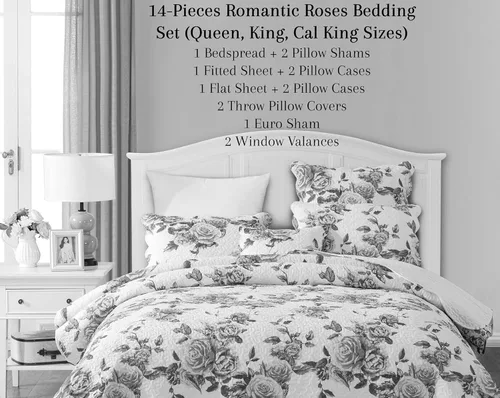 Miniatura 5 de DaDalogy Bedding - Juego de cama floral de 14 piezas en una bolsa, diseño de rosas románticas, juego de sábanas bajeras y encimeras con funda