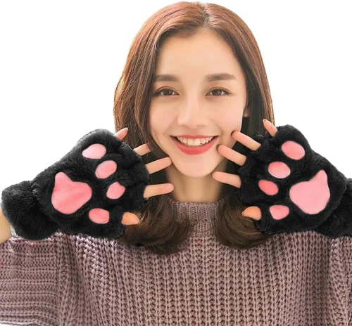 Miniatura 5 de PENINSULA LOVE Guantes de pata de gato, guantes de felpa cálidos para cosplay, guantes de animal de garra de oso, guantes de punto sin dedos