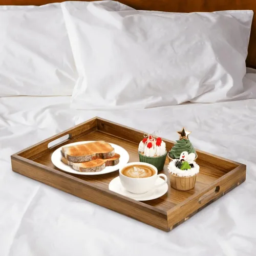 Miniatura 7 de YOUEON Paquete de 2 bandejas de madera de acacia de 17 x 12 pulgadas con asas, bandeja grande de madera para otomana, desayuno en la cama, cena