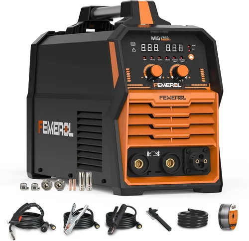 FEMEROL Soldador MIG 110V 4 en 1 Máquina de Soldadura Multiproceso 135A Soldador MIG de Núcleo de Flujo Gas/Sin Gas/Lift TIG/Stick Con Inversor IGBT
