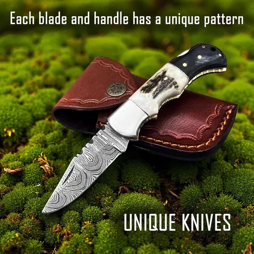Miniatura 2 de WINTERFELL Cuchillo de Bolsillo Plegable de Acero de Damasco para Hombres con Funda de Cuero, Regalos 100% Hechos a Mano para Esposo, Papá, Novio
