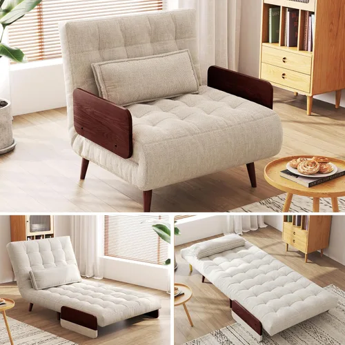 JASIWAY Silla convertible para adultos, silla futón convertible 3 en 1 de lino con almohada, sofá cama individual plegable, cama de invitados para