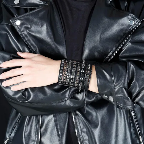 Miniatura 6 de Eigso Pulseras de cuero punk rock para hombres y mujeres, estilo retro, vintage, cadena de los años 80, para hombre y mujer