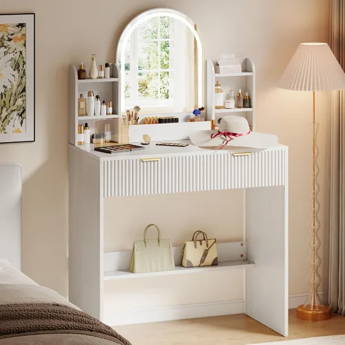 TOKSOM Escritorio de tocador de maquillaje con espejo y luces, mesa de tocador blanca con 2 cajones y estantes de almacenamiento abiertos, juego de