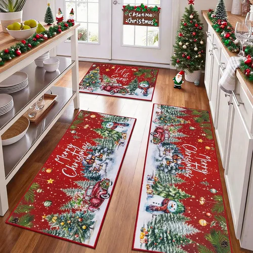 Miniatura 11 de Juego de 3 tapetes de cocina de Feliz Navidad, alfombras antideslizantes de cocina para invierno y fiestas navideñas Xmas, alfombra cómoda