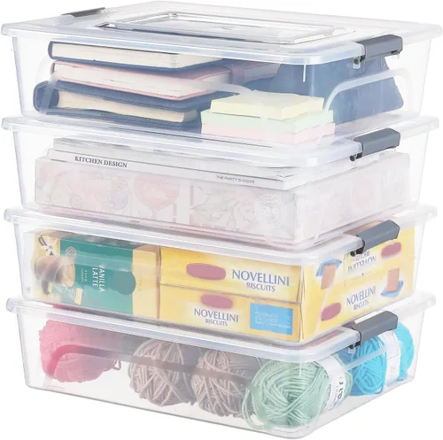 Contenedor de plástico con tapa, diseño apilable, caja de clip para manualidades, suministros y artículos de oficina (paquete de 4 unidades de 10