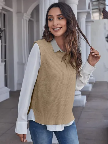 Miniatura 3 de Verdusa Chaleco de suéter sin mangas con cuello redondo dividido para mujer