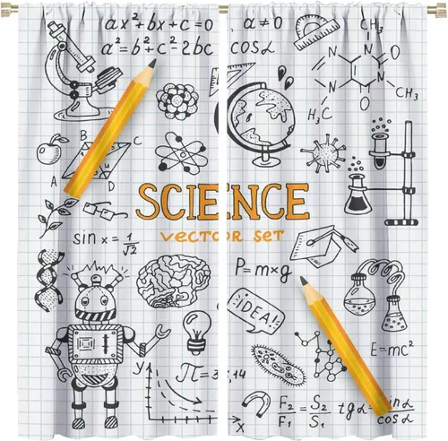 Miniatura 80 de Cortinas opacas para ventanas de ciencia para niños, lupa de libro de laboratorio de ciencia, lupa, frascos moleculares, cortinas impresas