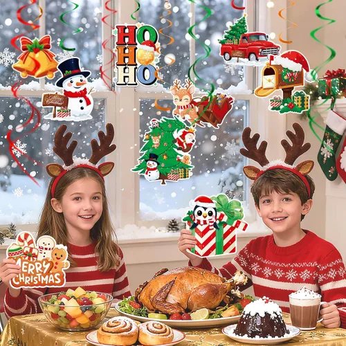 Miniatura 6 de Juego de decoración navideña: pancarta y remolinos colgantes, para el hogar, oficina, aula, decoración de fiesta de Navidad en interiores