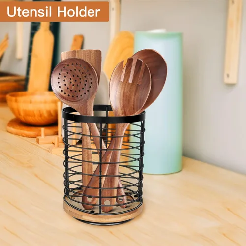 Miniatura 5 de Soporte para utensilios de cocina – 7.2 pulgadas grande giratorio para utensilios de cocina, base de madera + metal, organizador de espátula